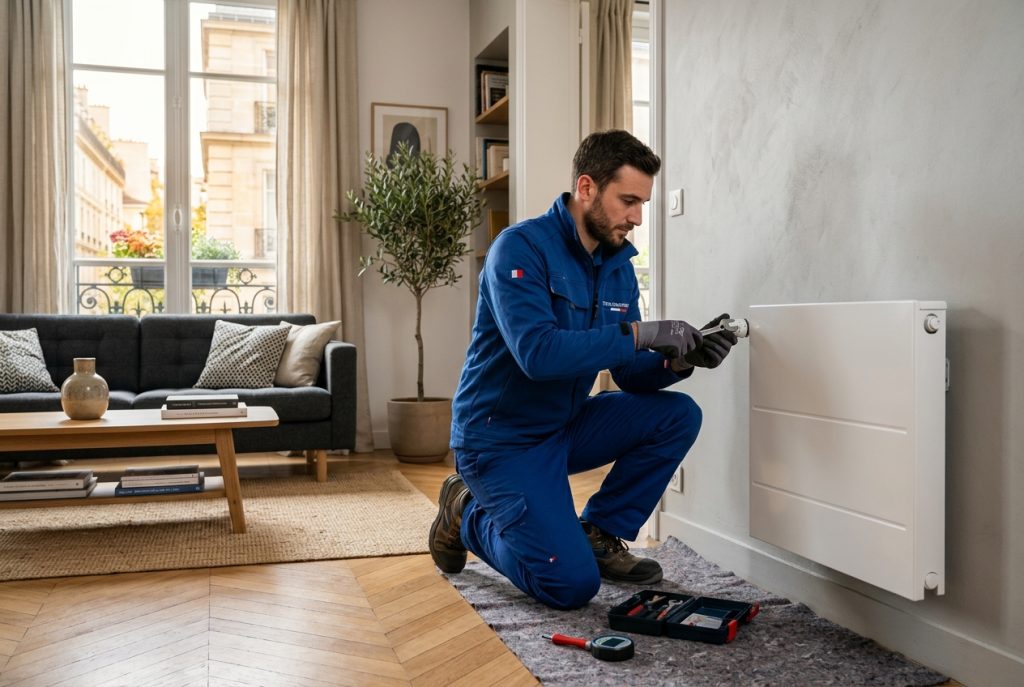 Chauffagiste EPPC Services 44 installant un radiateur à Nantes
