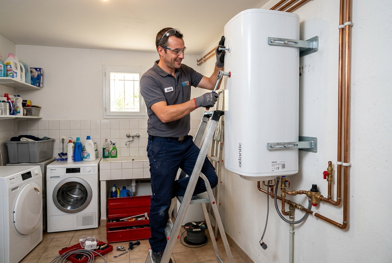 Technicien EPPC Services 44 installant un chauffe-eau Atlantic à Nantes